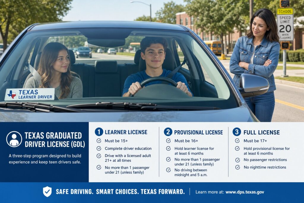 Blog Articles 3 Texas teen driver with adult supervisor and limited passenger rule visual.