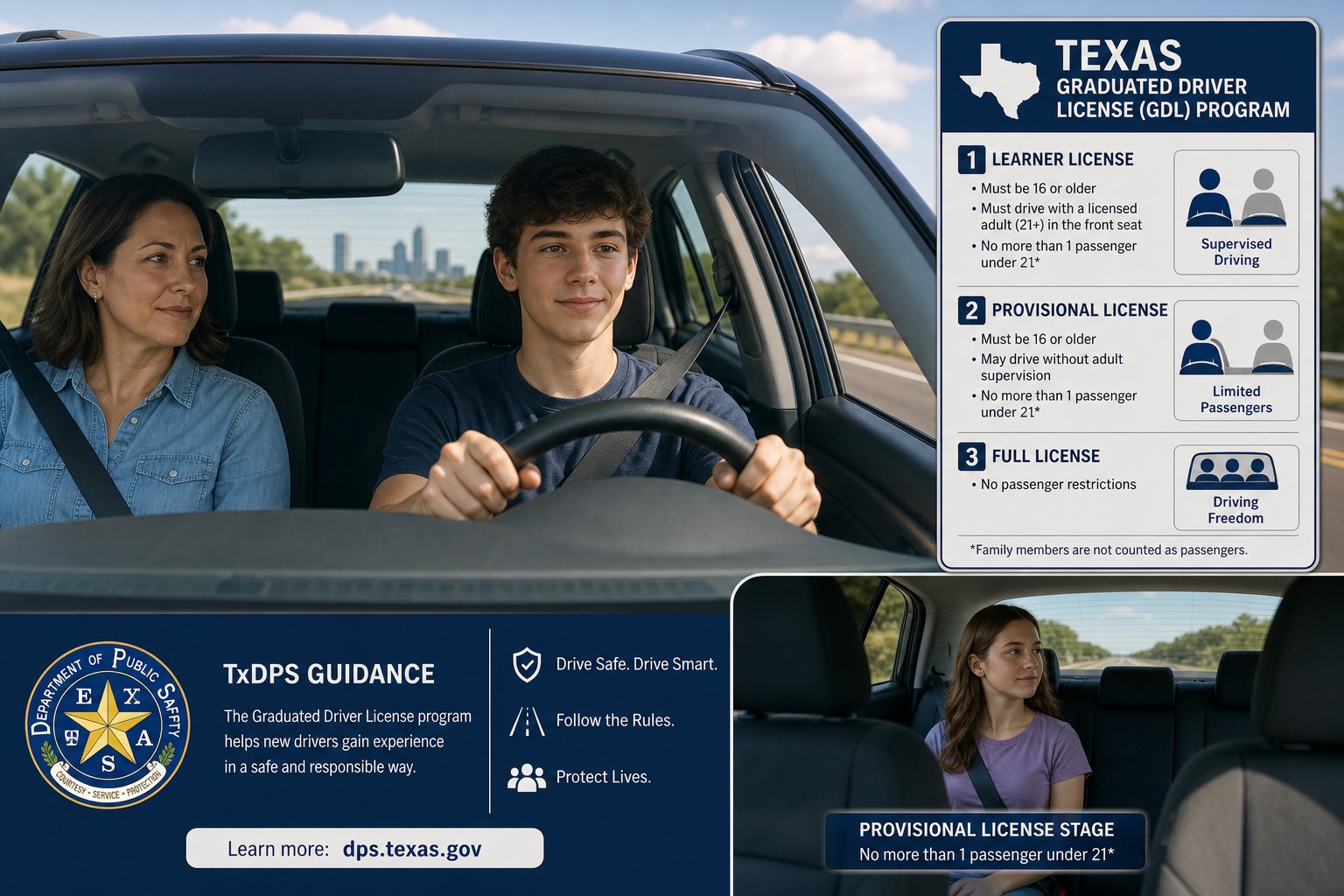 Texas Teen Driving Passenger Restrictions: How Many Passengers Can a Teen Have? 1 Texas teen driver with adult supervisor and limited passenger rule visual.