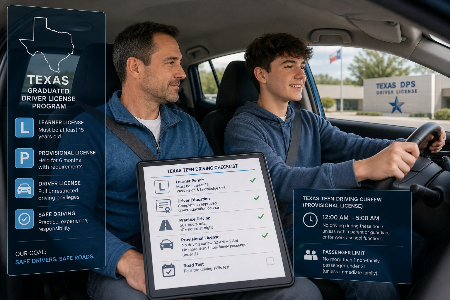 Texas Teen Midnight Driving Rule: What It Is and the Exceptions 1 Texas teen driver learning with parent and license stage graphics.