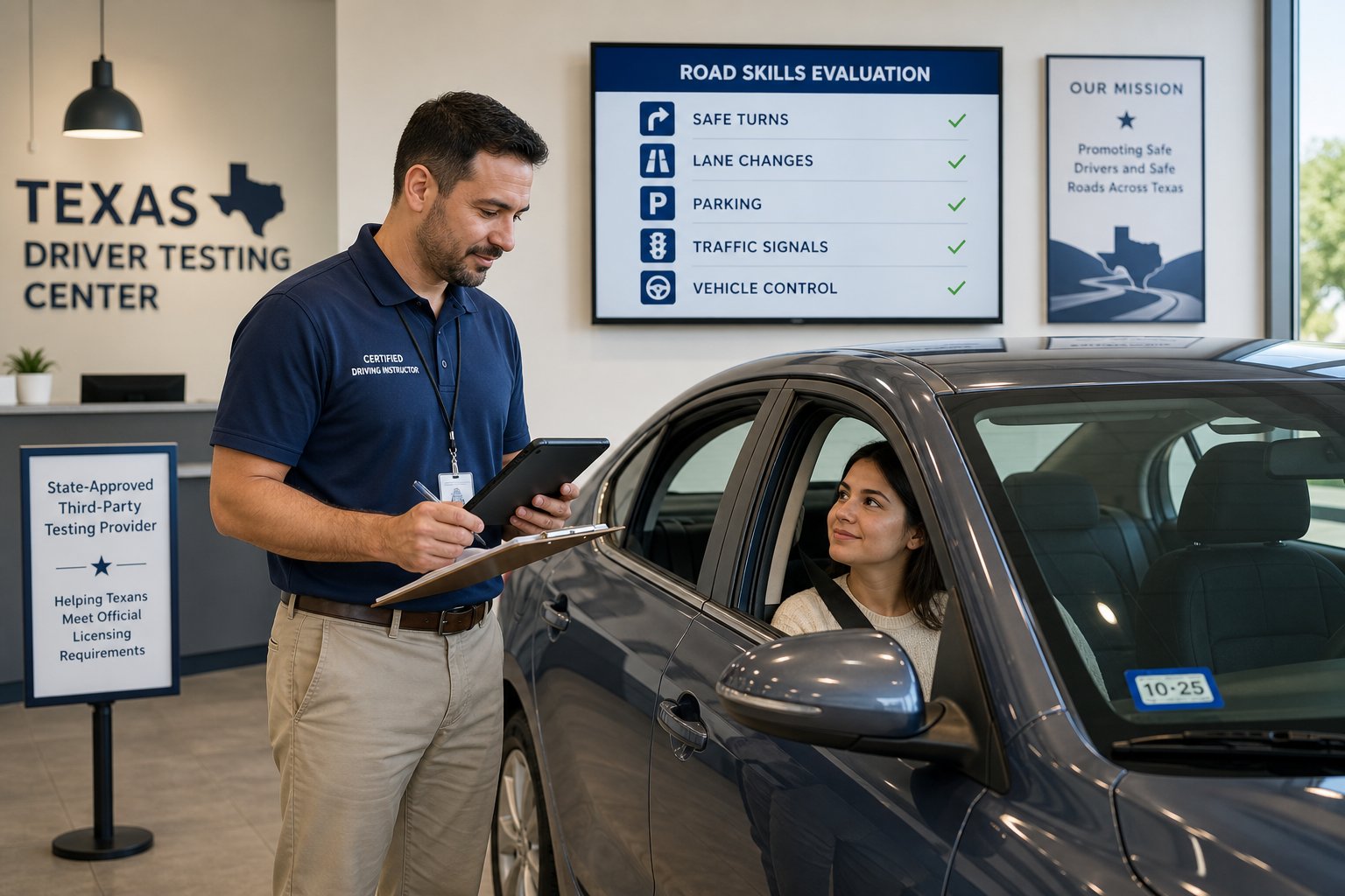Texas Third-Party Driver's License Testing: What It Is and Where to Go 1 Instructor preparing an adult driver for a road test in Texas.