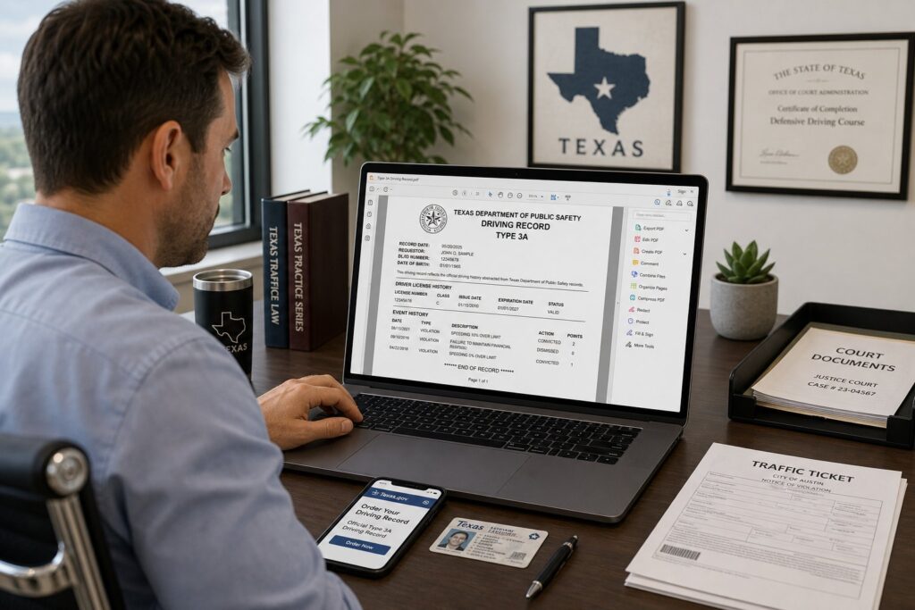 Blog Articles 8 Driver reviewing Texas driving record paperwork at a clean office desk.