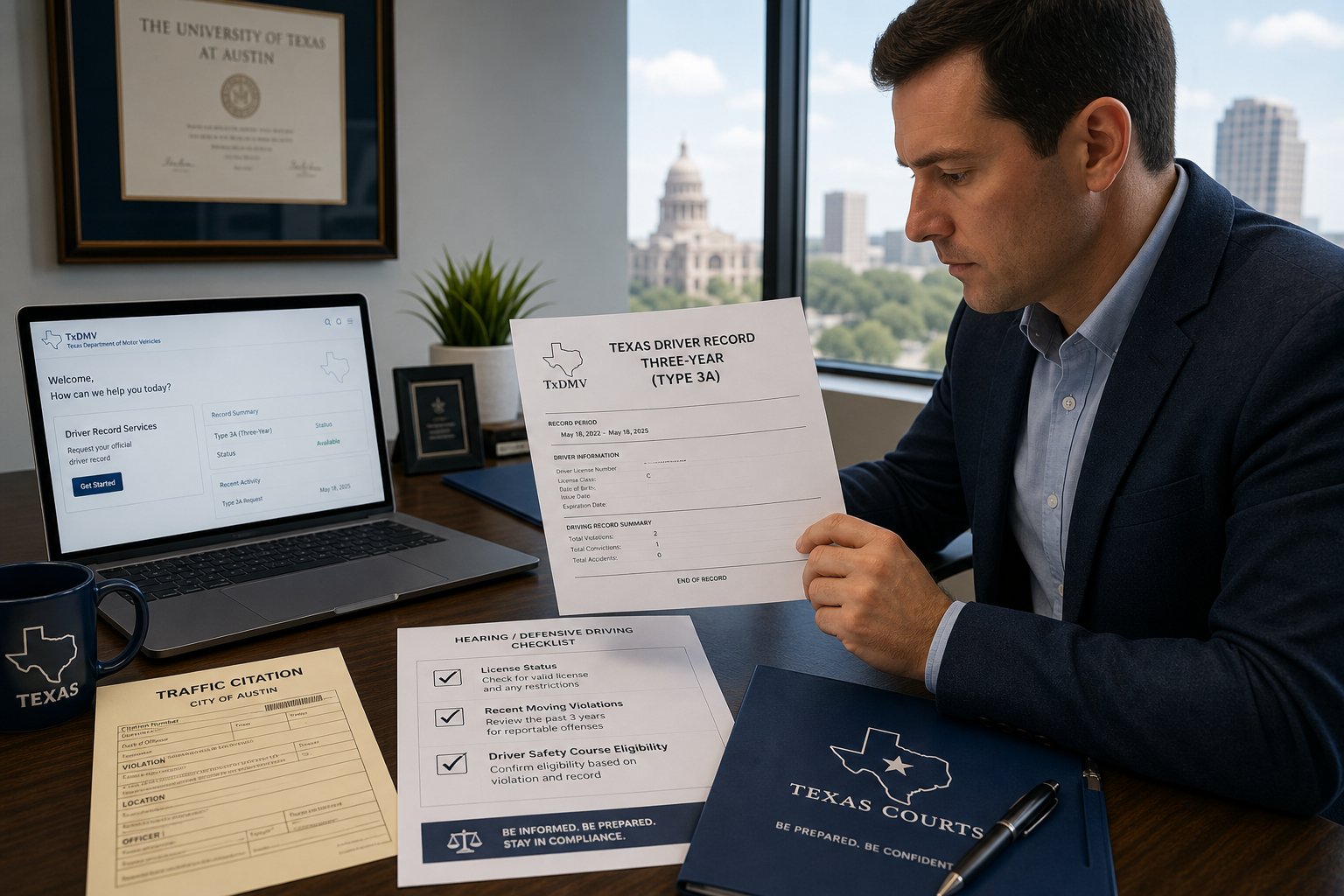 Texas Type 3A Driving Record: What It Is and How to Get It 1 Driver reviewing Texas driving record paperwork at a clean office desk.