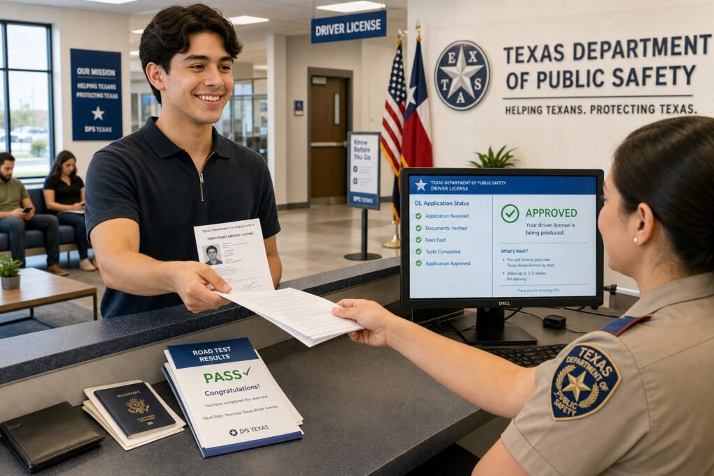 Blog Articles 10 Applicant submits documents for a Texas driver license at a DPS office.