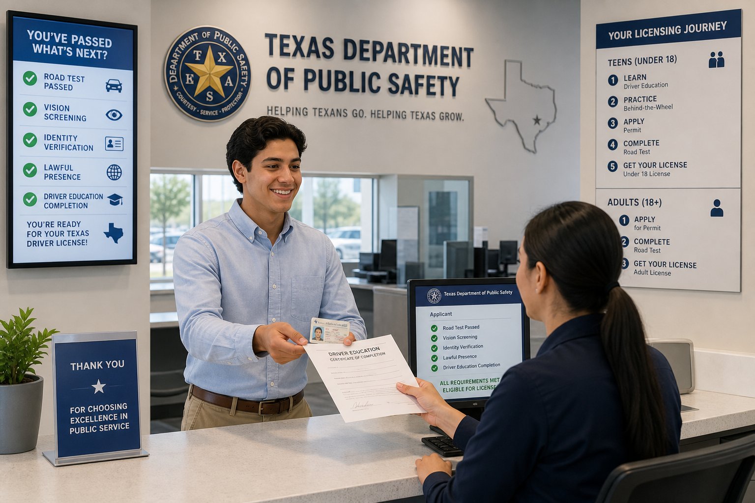 What Happens After You Pass the Texas Driving Test? Getting Your License 1 Applicant submits documents for a Texas driver license at a DPS office.