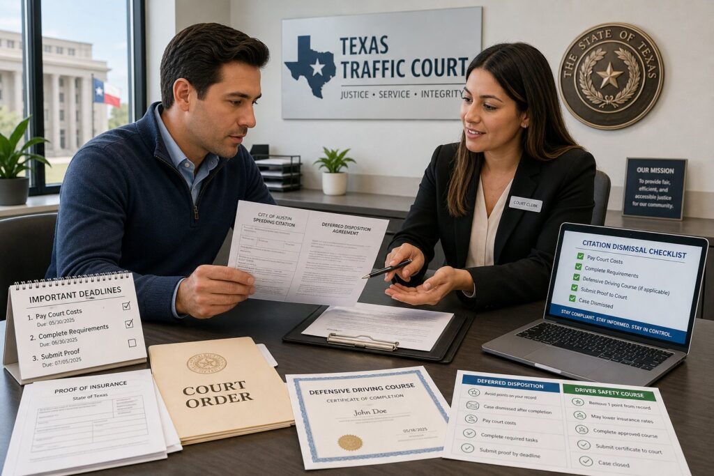 Blog Articles 7 Driver reviewing deferred disposition paperwork with court clerk in a Texas office.