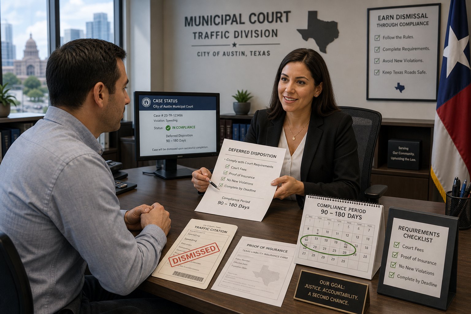 What Is Deferred Disposition in Texas? How It Compares to Defensive Driving 1 Driver reviewing deferred disposition paperwork with court clerk in a Texas office.