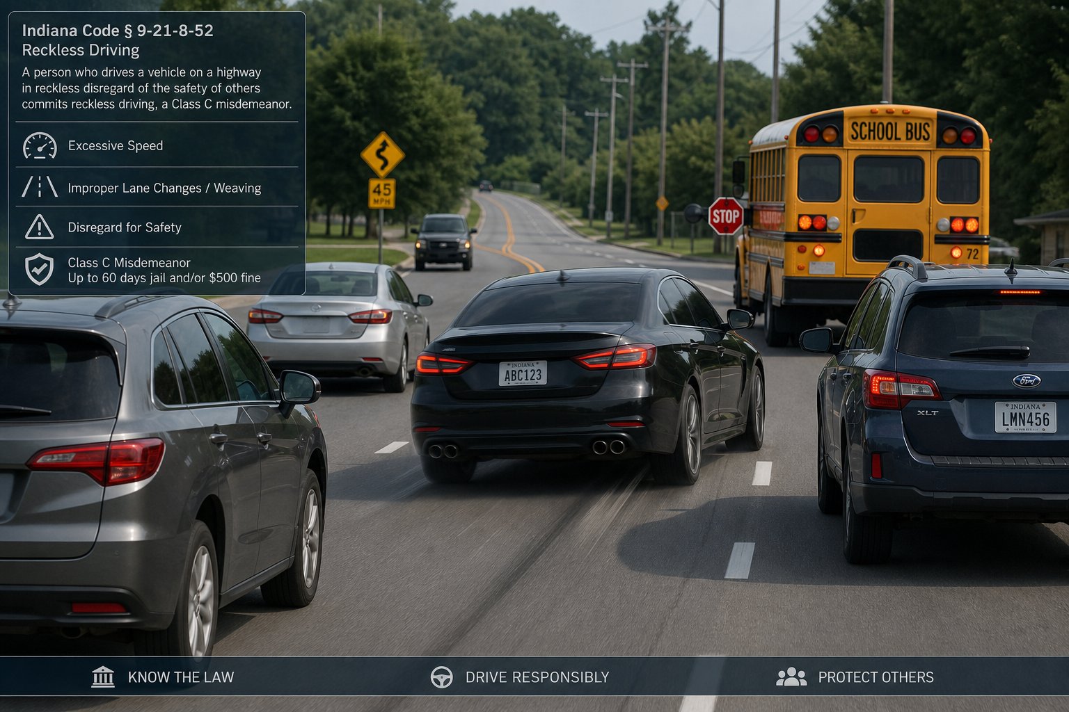 What Is Reckless Driving in Indiana? IC § 9-21-8-52 Explained 1 Reckless driving scene on an Indiana road with unsafe passing and traffic danger.