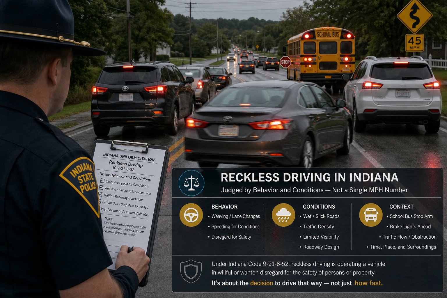 What Speed Is Considered Reckless Driving in Indiana? 1 Fast car driving dangerously on an Indiana road with traffic hazards visible.
