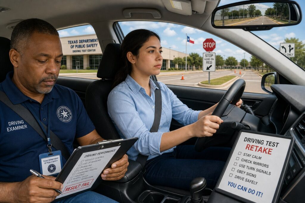 Blog Articles 9 Adult driver taking a Texas driving test with an examiner in a car.