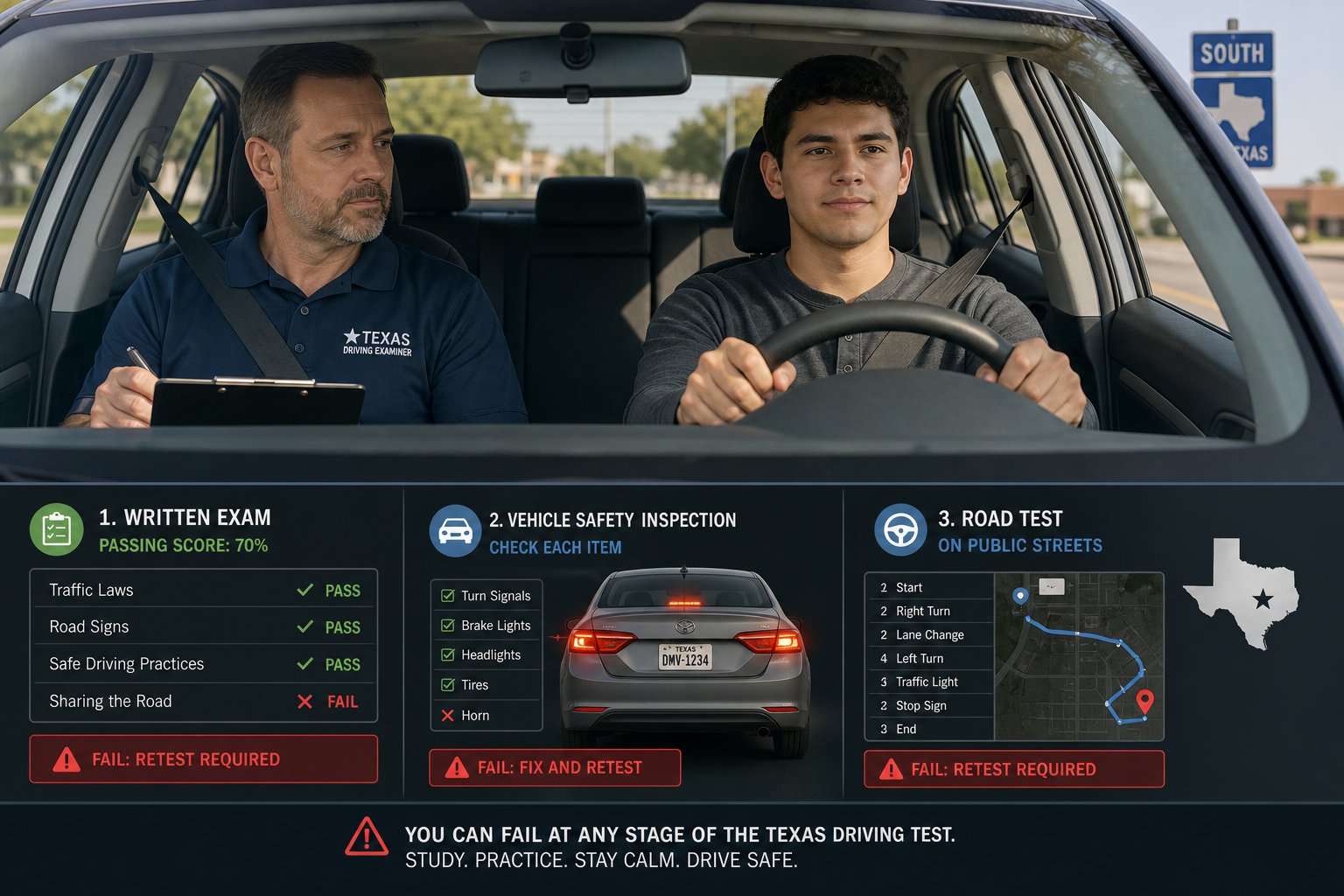 What to Do If You Fail the Texas Driving Test 1 Adult driver taking a Texas driving test with an examiner in a car.