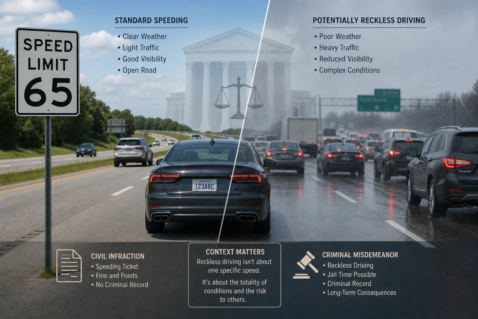 When Does an Indiana Speeding Ticket Become Reckless Driving? 1 Indiana highway scene showing speed, traffic, and reckless driving context.