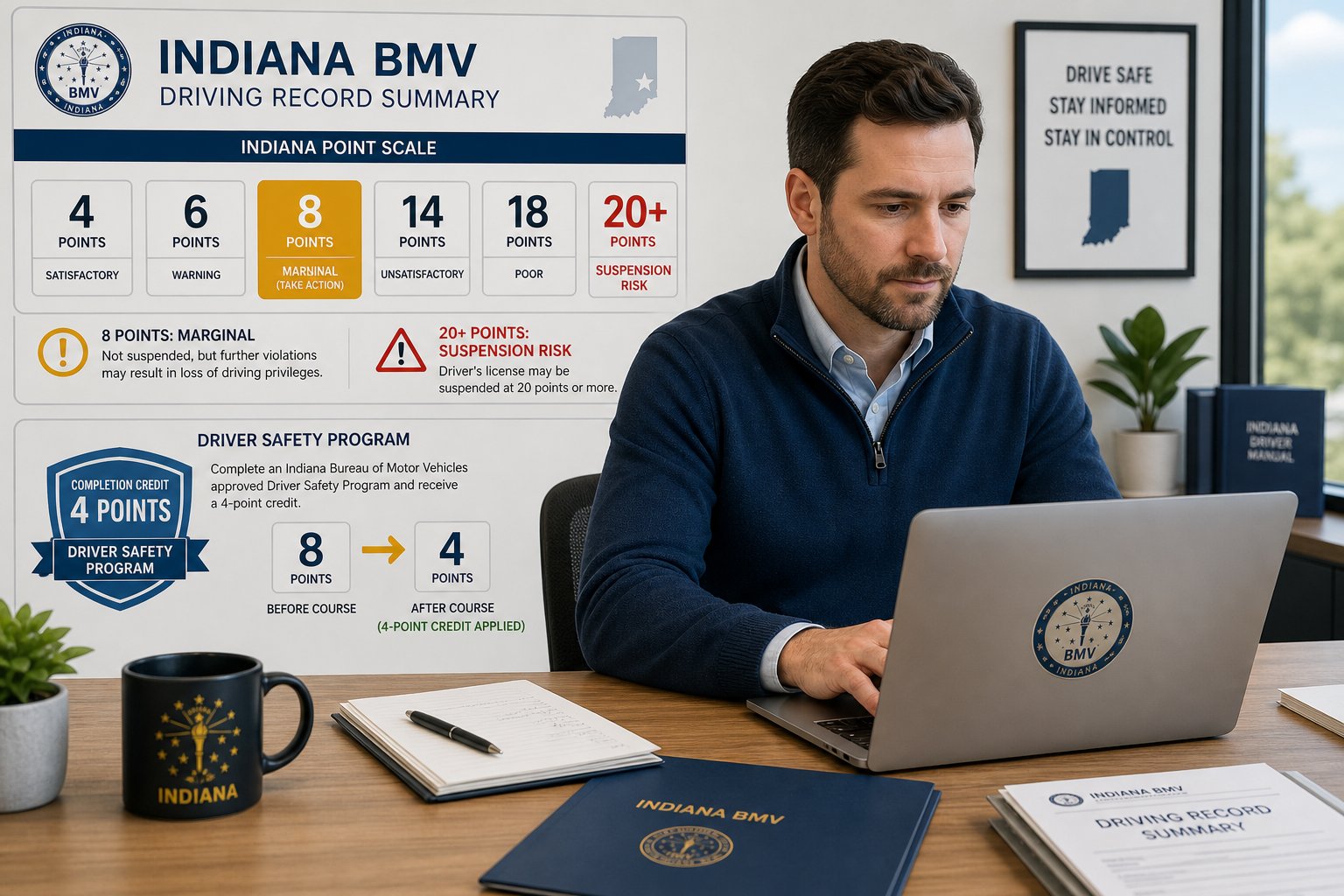 8 Points on Your Indiana License: What It Means and What to Do 1 Driver reviewing Indiana license points and safety course credit chart.